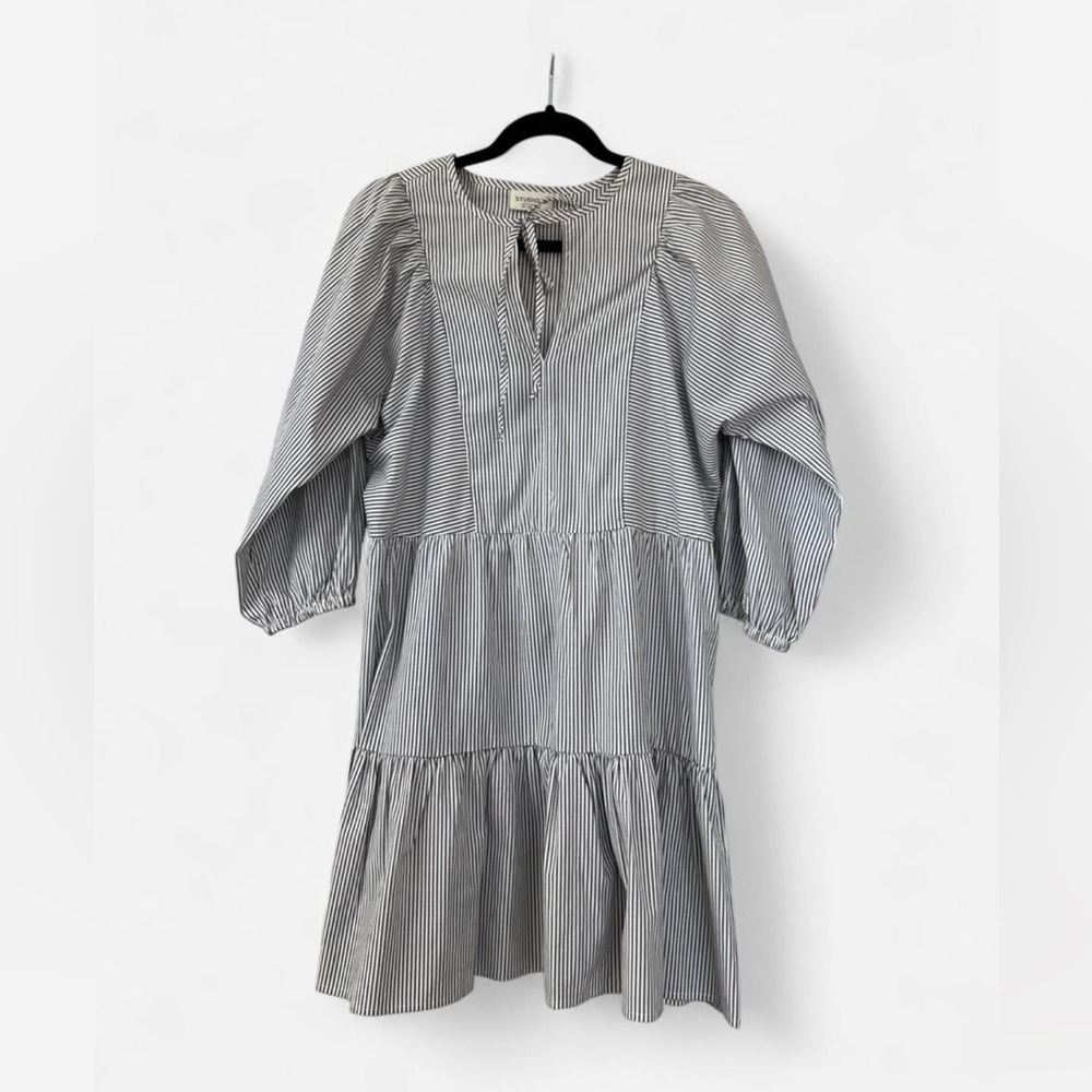 Bobeau Grey and White Striped Long Sleeve Dress